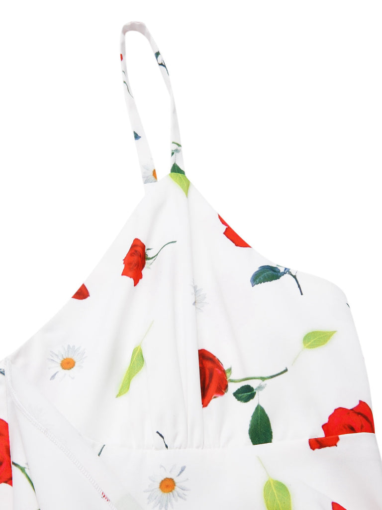 [Prévente] Robe blanche à volants et bretelles fleurie avec foulard des années 1930