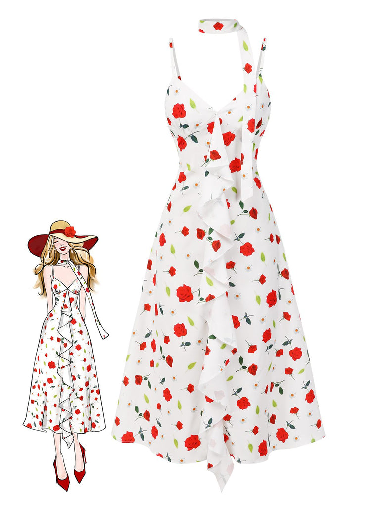 [Prévente] Robe blanche à volants et bretelles fleurie avec foulard des années 1930