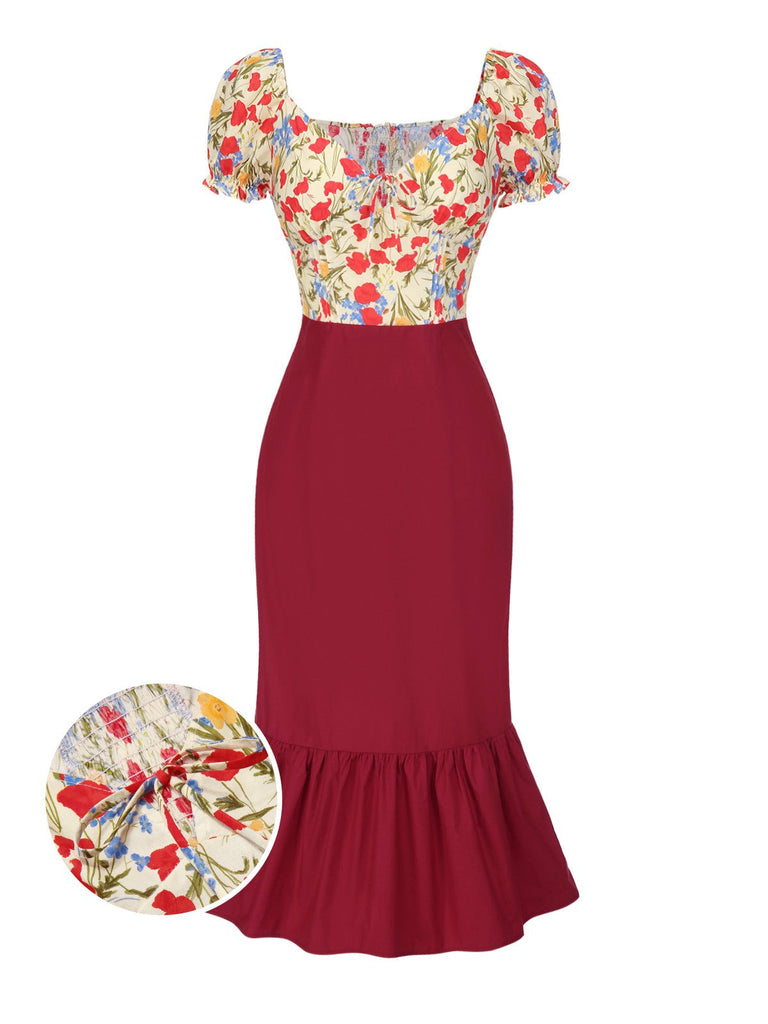 [Prévente] Robe sirène fleurie bouffante en coton rouge des années 1930