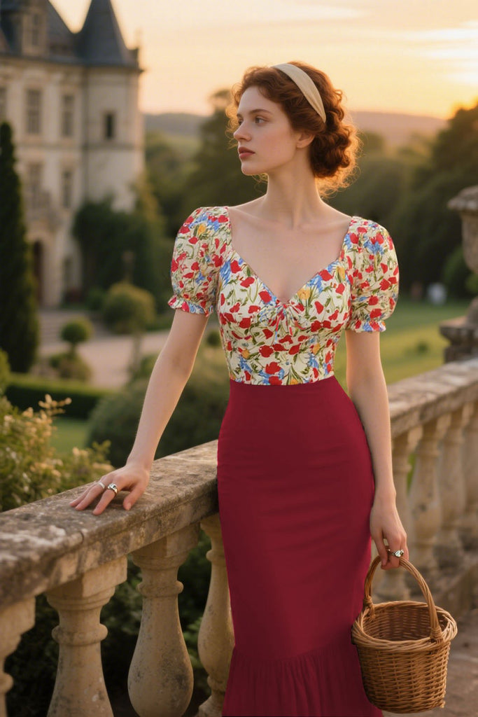 [Prévente] Robe sirène fleurie bouffante en coton rouge des années 1930