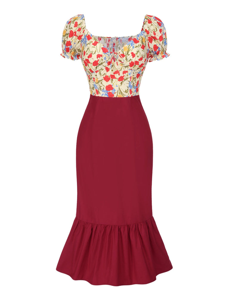 [Prévente] Robe sirène fleurie bouffante en coton rouge des années 1930
