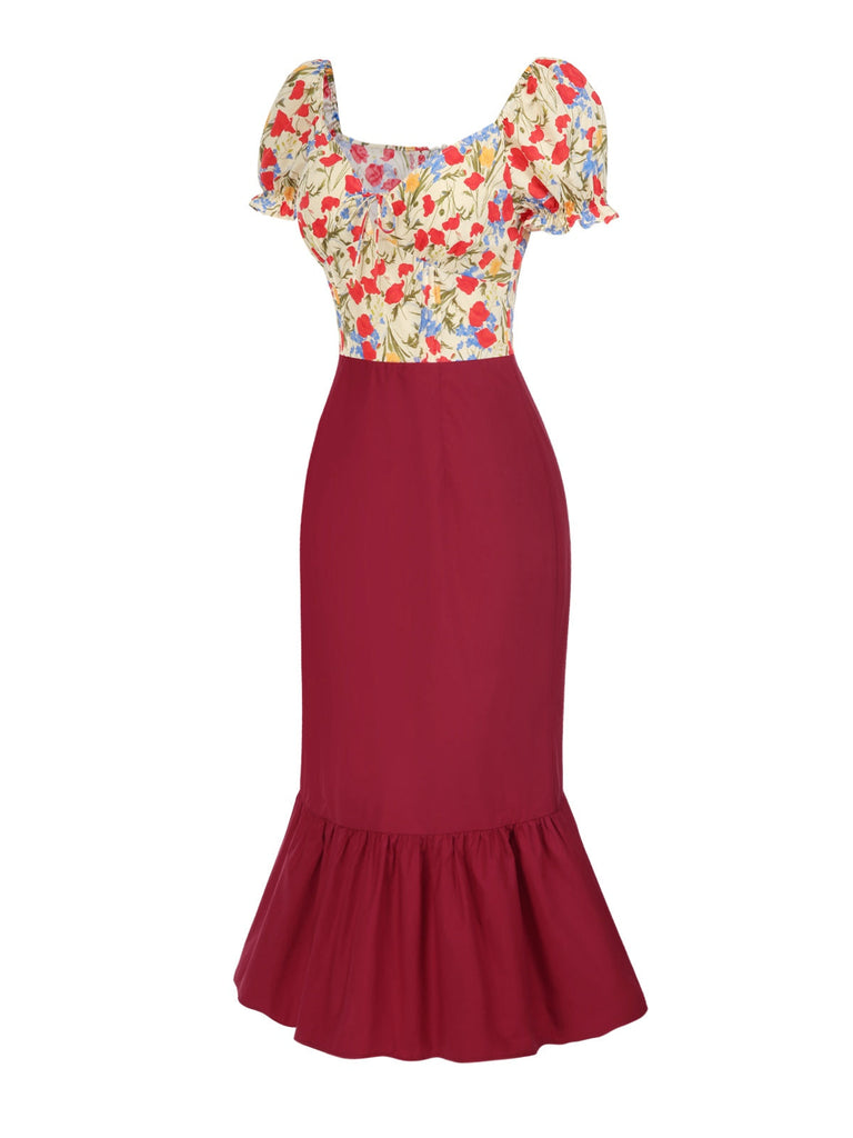 [Prévente] Robe sirène fleurie bouffante en coton rouge des années 1930