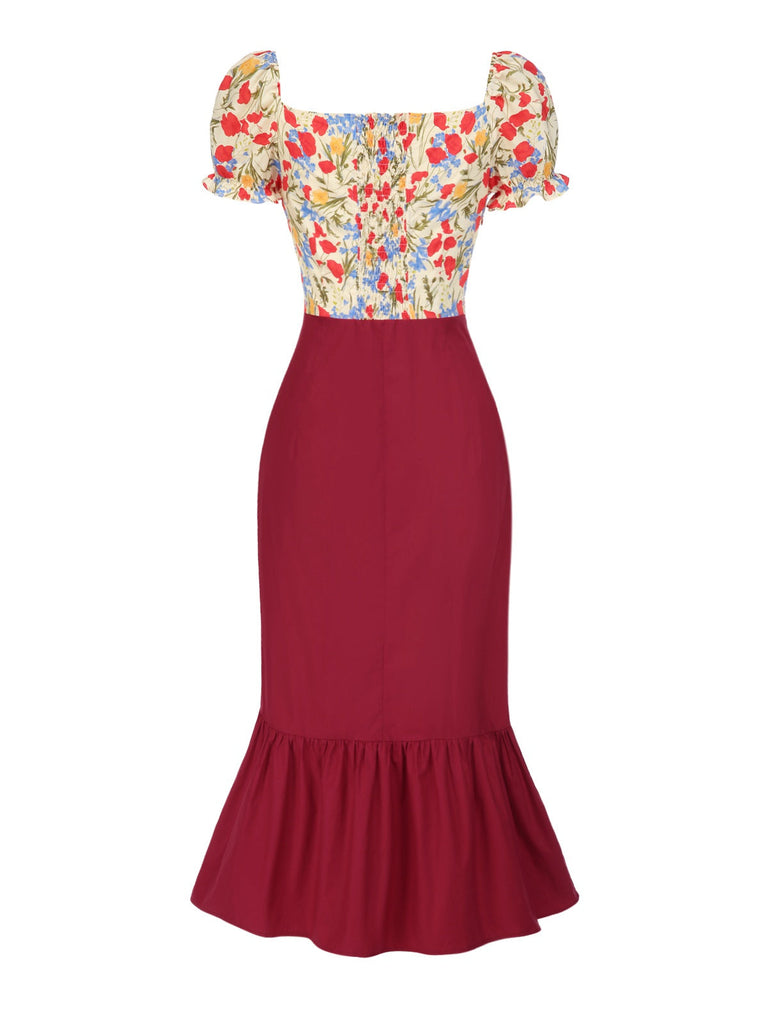 [Prévente] Robe sirène fleurie bouffante en coton rouge des années 1930