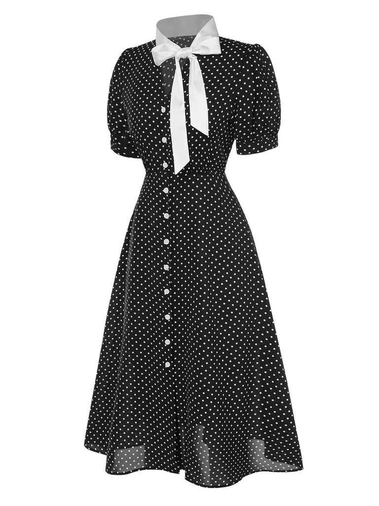 [Prévente] Robe noire à pois et col noué des années 40