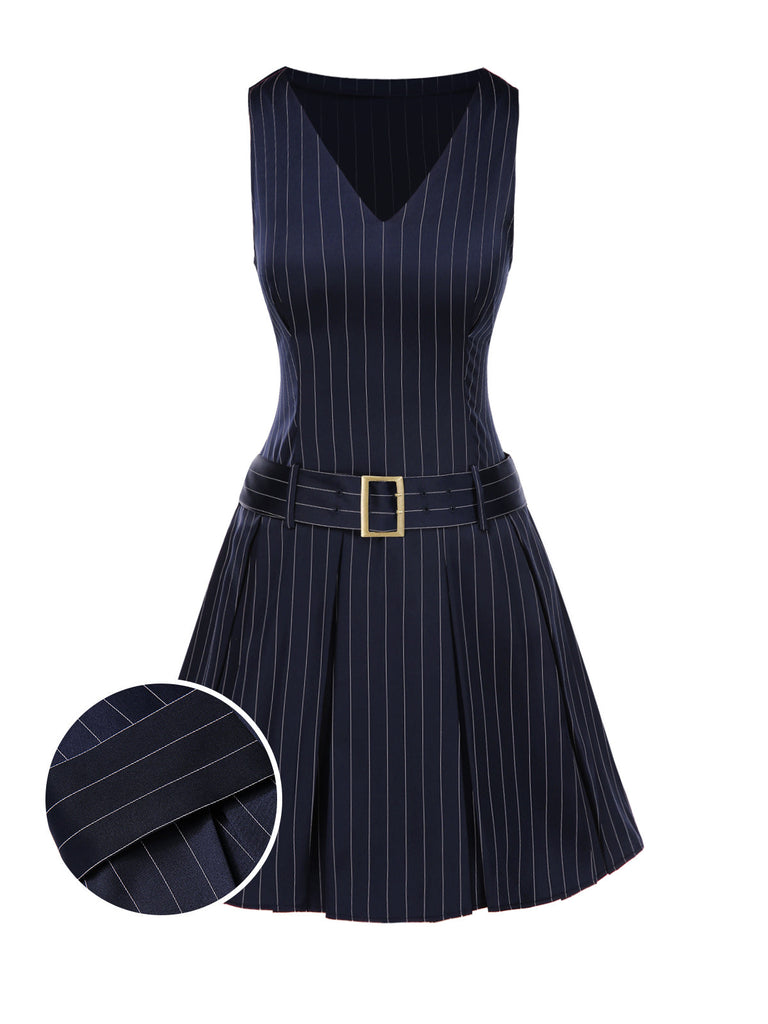 Robe bleue plissée rayures et ceinture années 1960