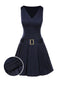 Robe bleue plissée rayures et ceinture années 1960