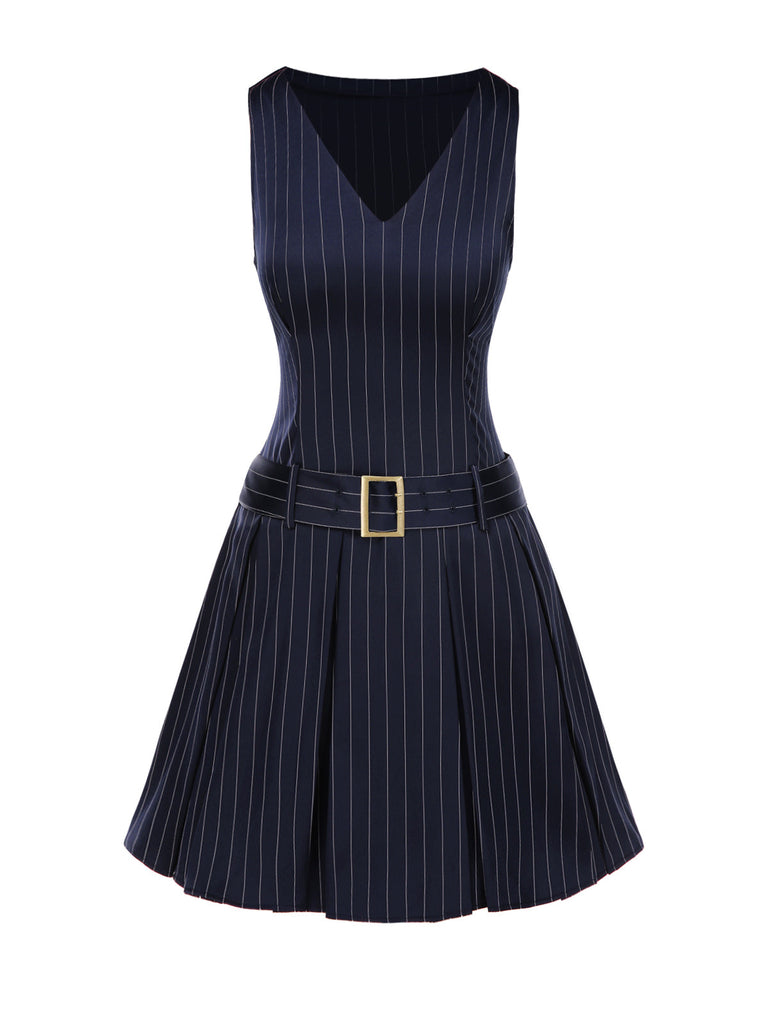 Robe bleue plissée rayures et ceinture années 1960