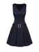 Robe bleue plissée rayures et ceinture années 1960