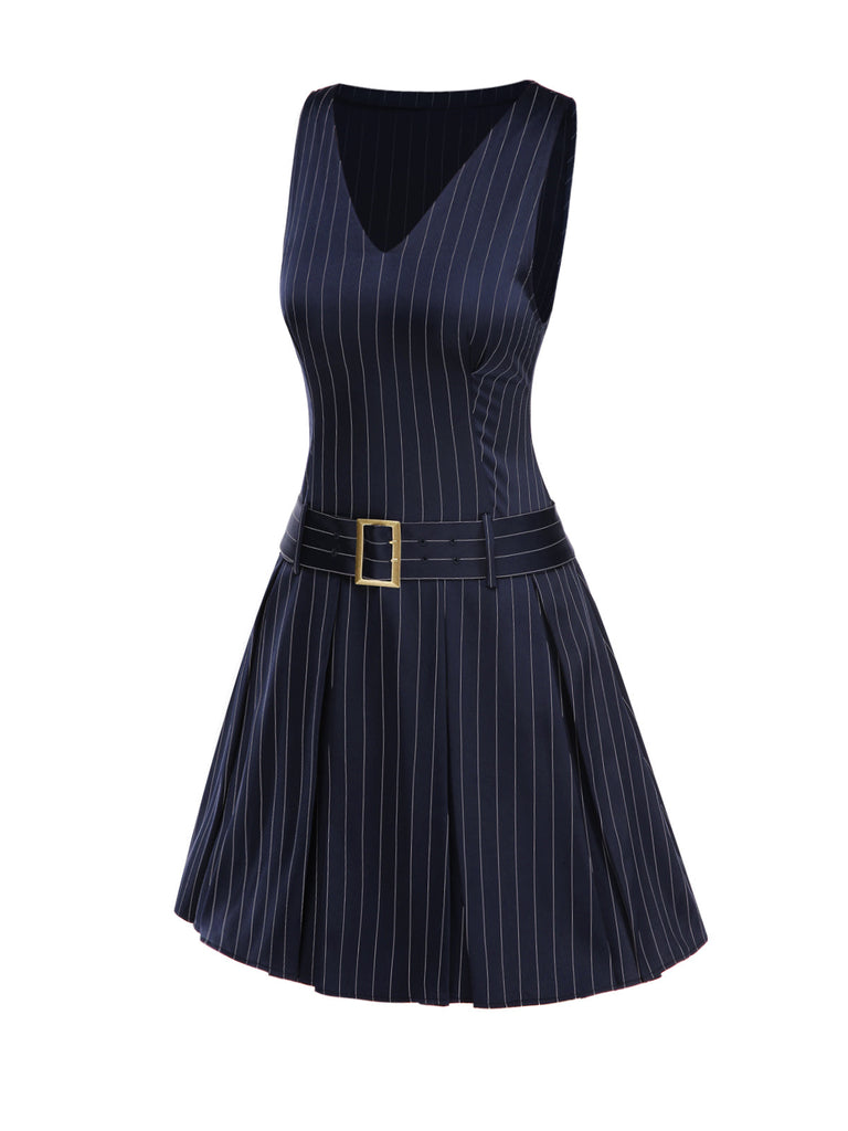 Robe bleue plissée rayures et ceinture années 1960