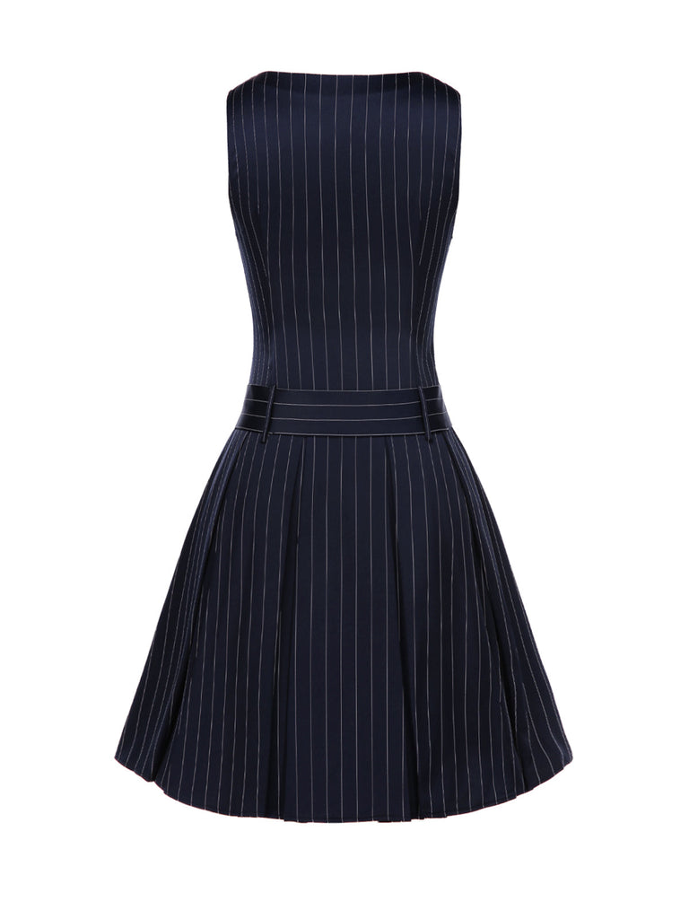 Robe bleue plissée rayures et ceinture années 1960