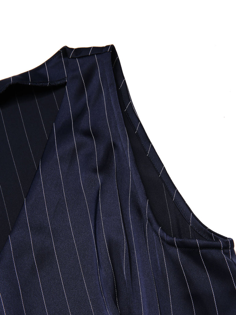 Robe bleue plissée rayures et ceinture années 1960