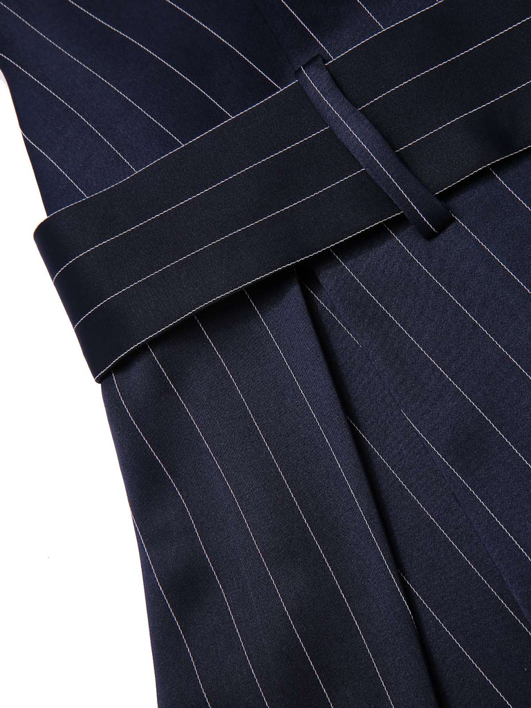 Robe bleue plissée rayures et ceinture années 1960