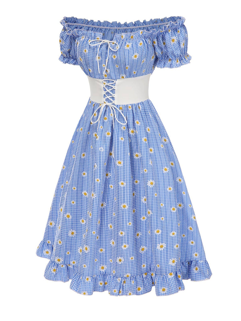Robe bleue à carreaux épaules dénudées années 1950