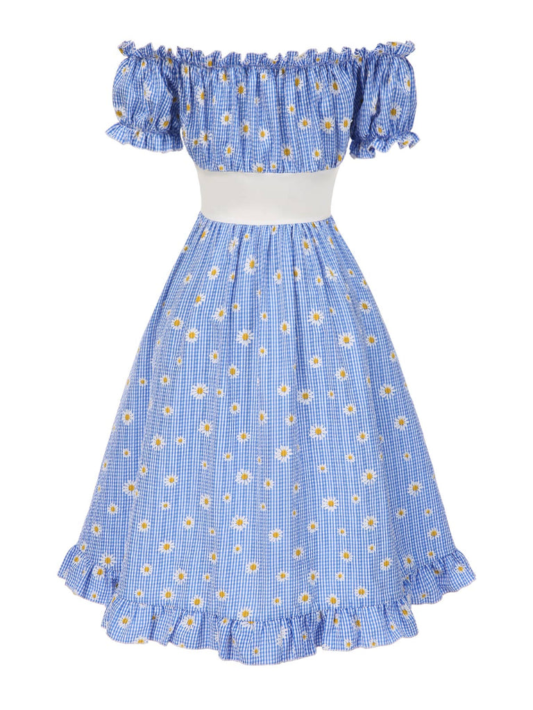Robe bleue à carreaux épaules dénudées années 1950