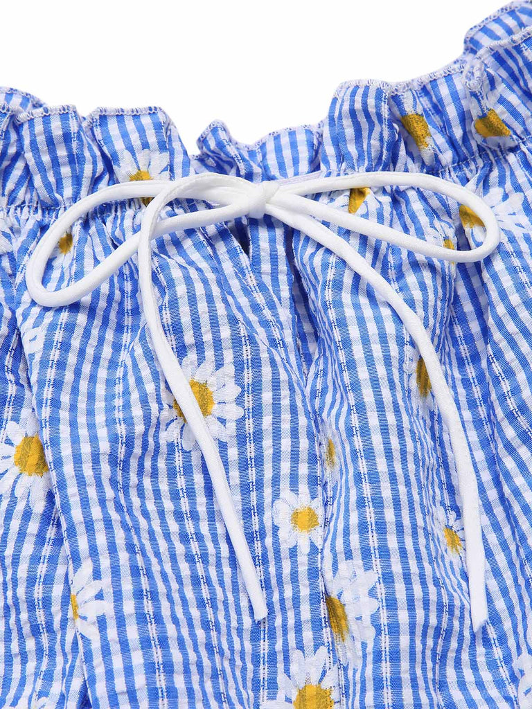 Robe bleue à carreaux épaules dénudées années 1950