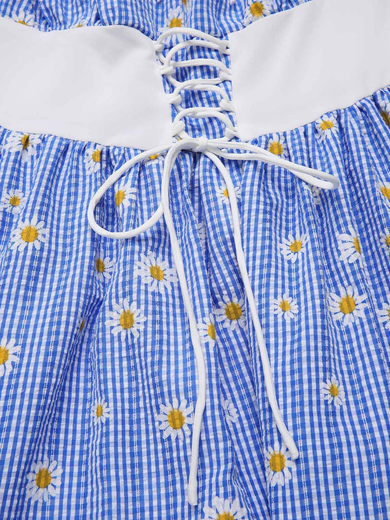 Robe bleue à carreaux épaules dénudées années 1950