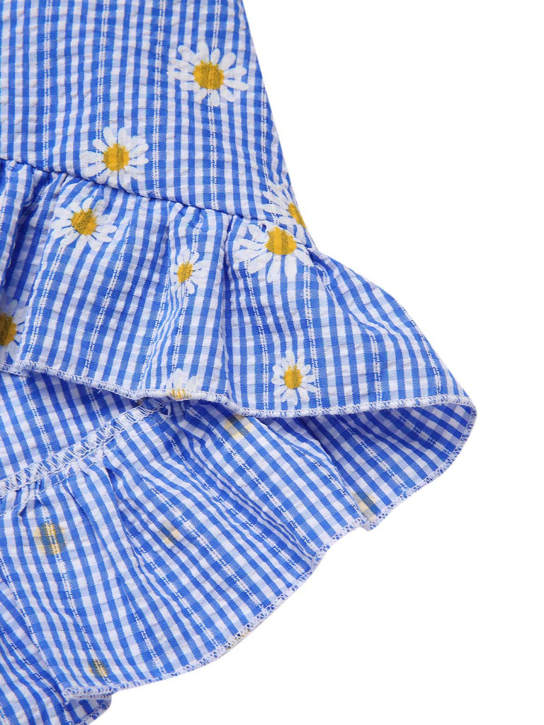 Robe bleue à carreaux épaules dénudées années 1950