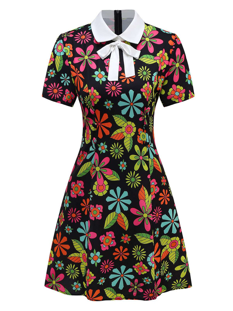 [Prévente] Robe noire à col nœud et motif floral hippie des années 1960