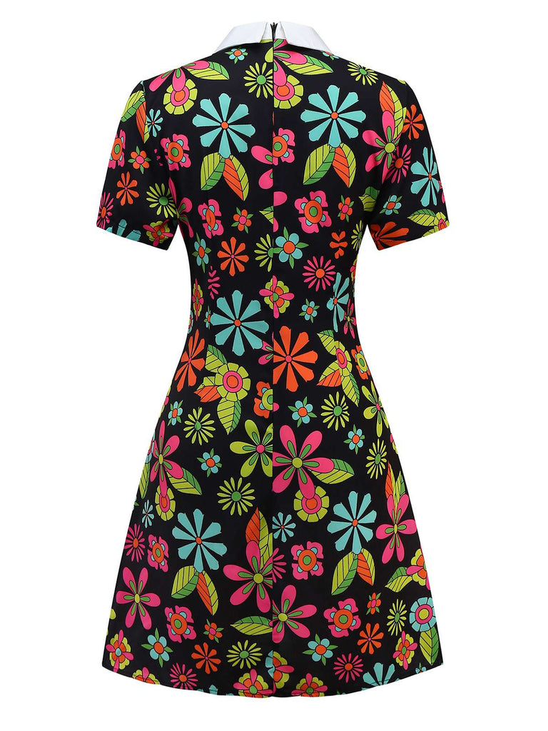 [Prévente] Robe noire à col nœud et motif floral hippie des années 1960