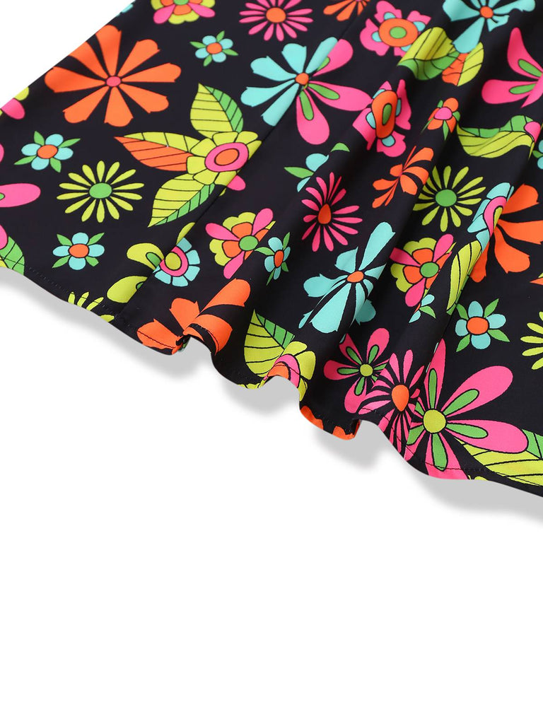 [Prévente] Robe noire à col nœud et motif floral hippie des années 1960
