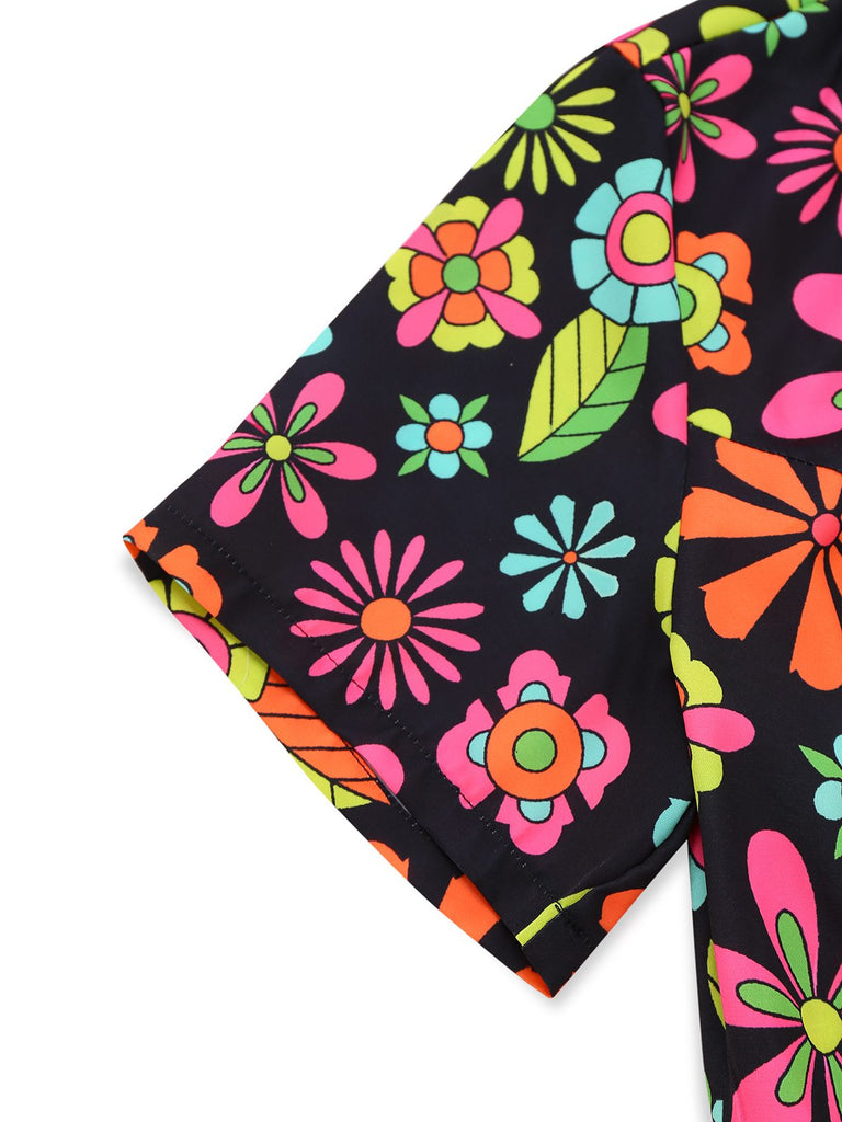 [Prévente] Robe noire à col nœud et motif floral hippie des années 1960