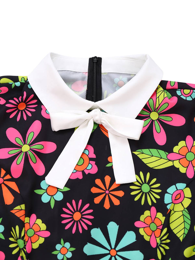 [Prévente] Robe noire à col nœud et motif floral hippie des années 1960