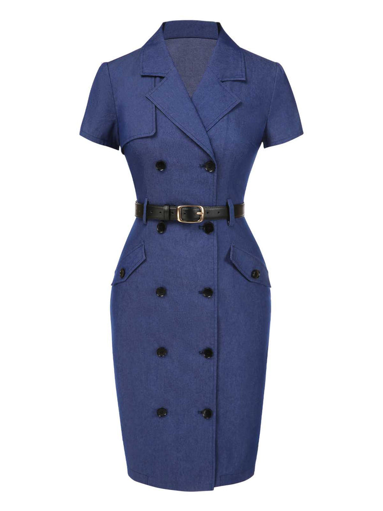 [Prévente] Robe bleue en pur coton à revers années 1960