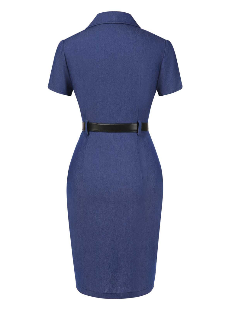 [Prévente] Robe bleue en pur coton à revers années 1960