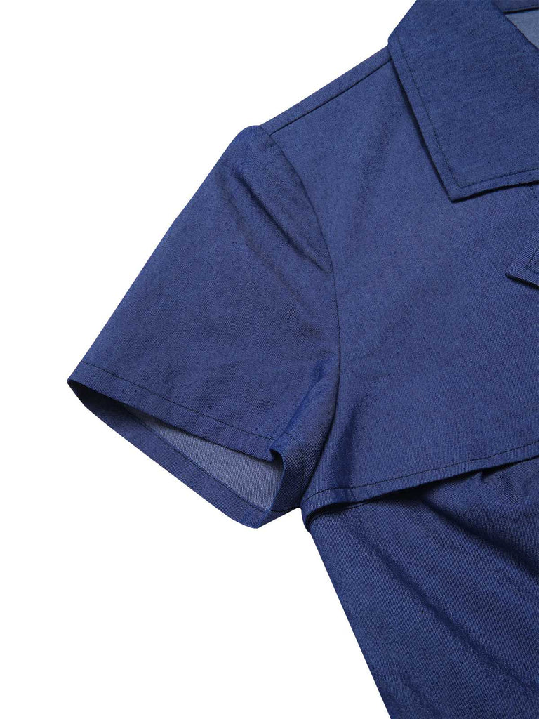 [Prévente] Robe bleue en pur coton à revers années 1960