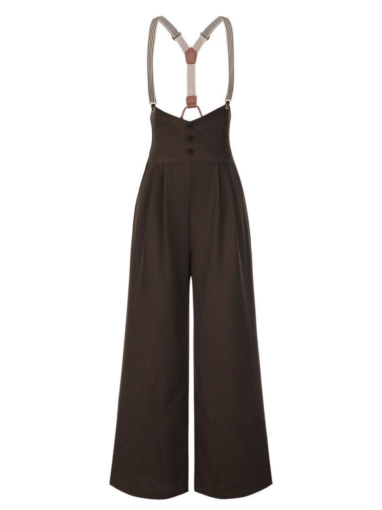 Pantalon à bretelles marron foncé à bretelles boutonné années 1950
