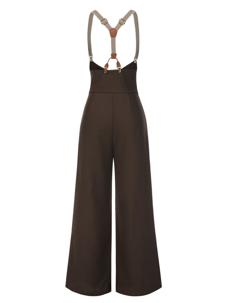 Pantalon à bretelles marron foncé à bretelles boutonné années 1950