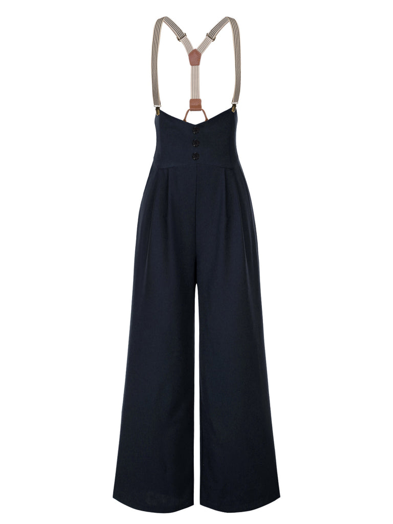 [Prévente] Pantalon à bretelles bleu foncé à bretelles boutonné années 1950