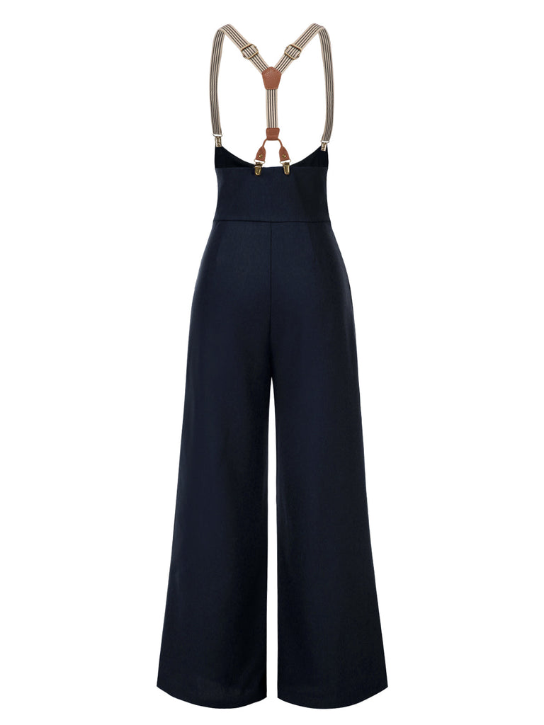 [Prévente] Pantalon à bretelles bleu foncé à bretelles boutonné années 1950