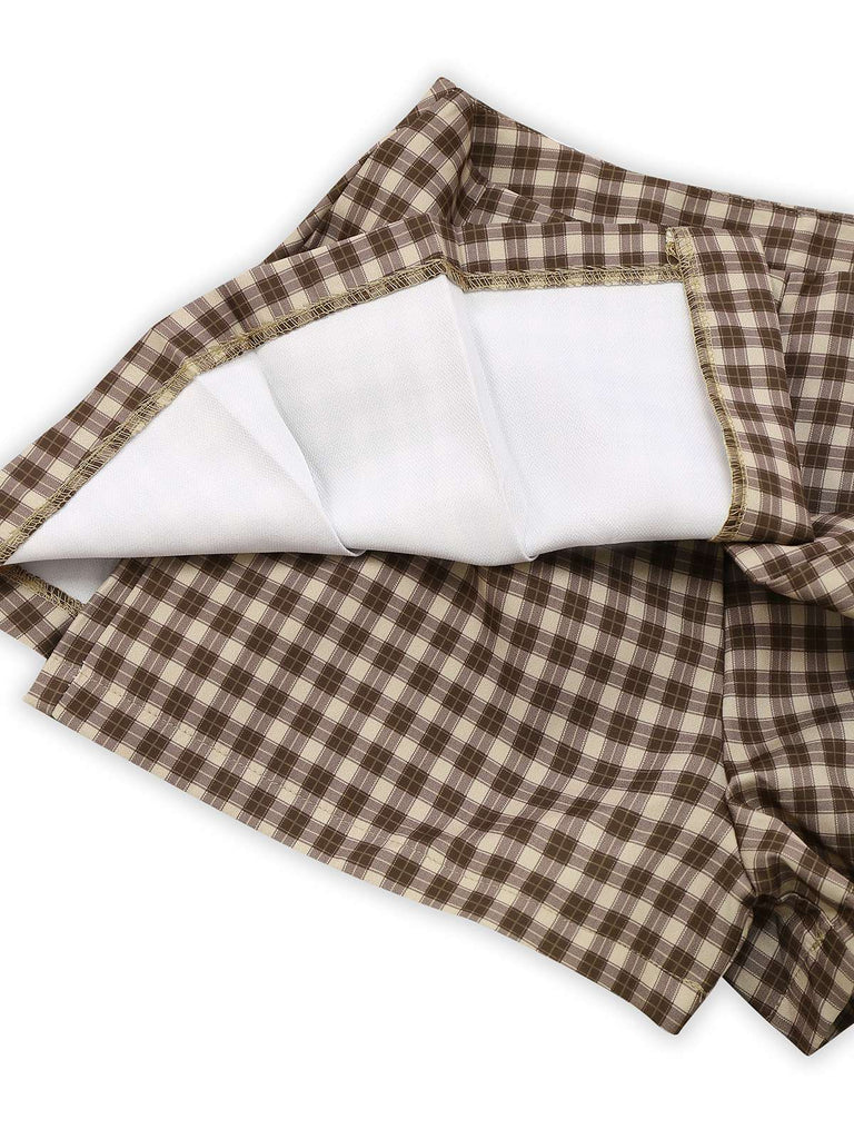 2PCS Gilet et jupe plissés à carreaux vichy marron des années 1960