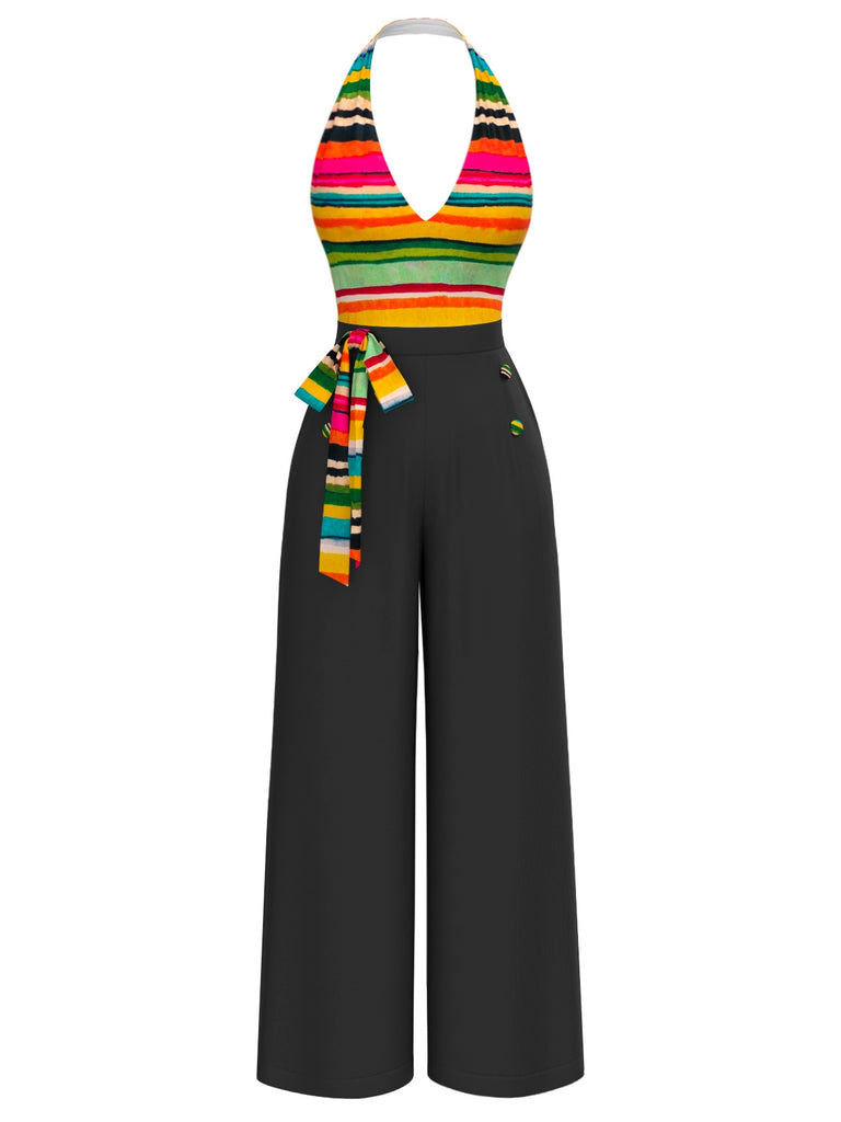 [Pré-vente] Combinaison multicolore à licou à rayures nœud années 1970