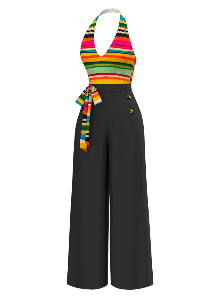 [Pré-vente] Combinaison multicolore à licou à rayures nœud années 1970