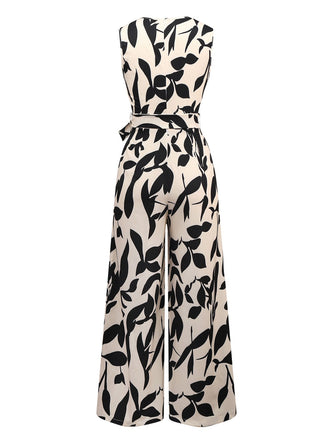 Combinaison beige col surplis motif silhouette de feuilles des années 1930