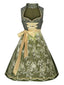 2PCS robe verte à motifs florauxet tablier brodé années 1950
