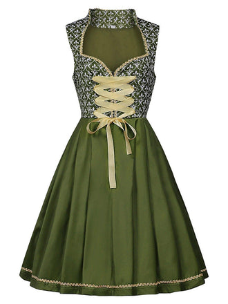 2PCS robe verte à motifs florauxet tablier brodé années 1950