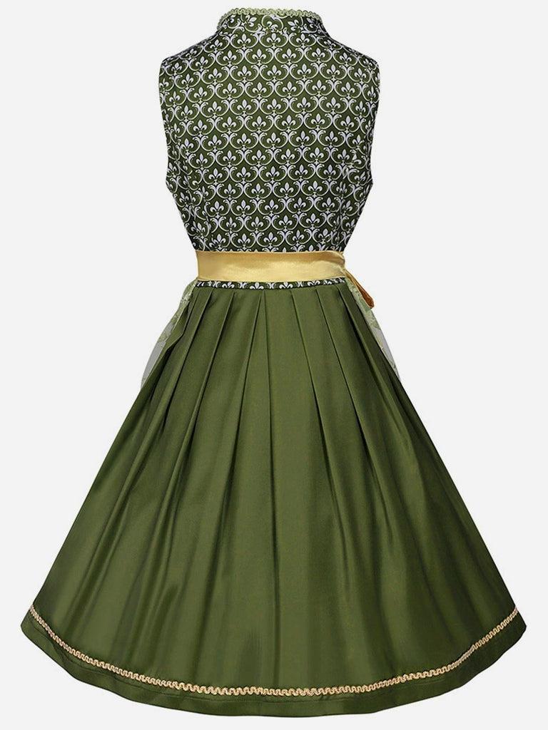 2PCS robe verte à motifs florauxet tablier brodé années 1950