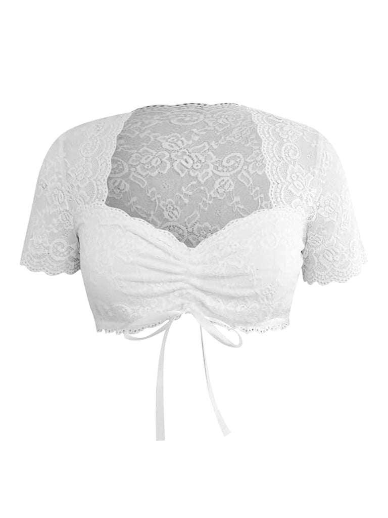 Haut court blanc en dentelle patchwork à nouer des années 1950