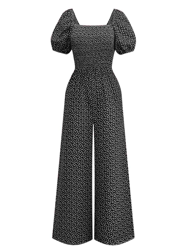 Combinaison bouffante col carré à petites fleurs des années 1950