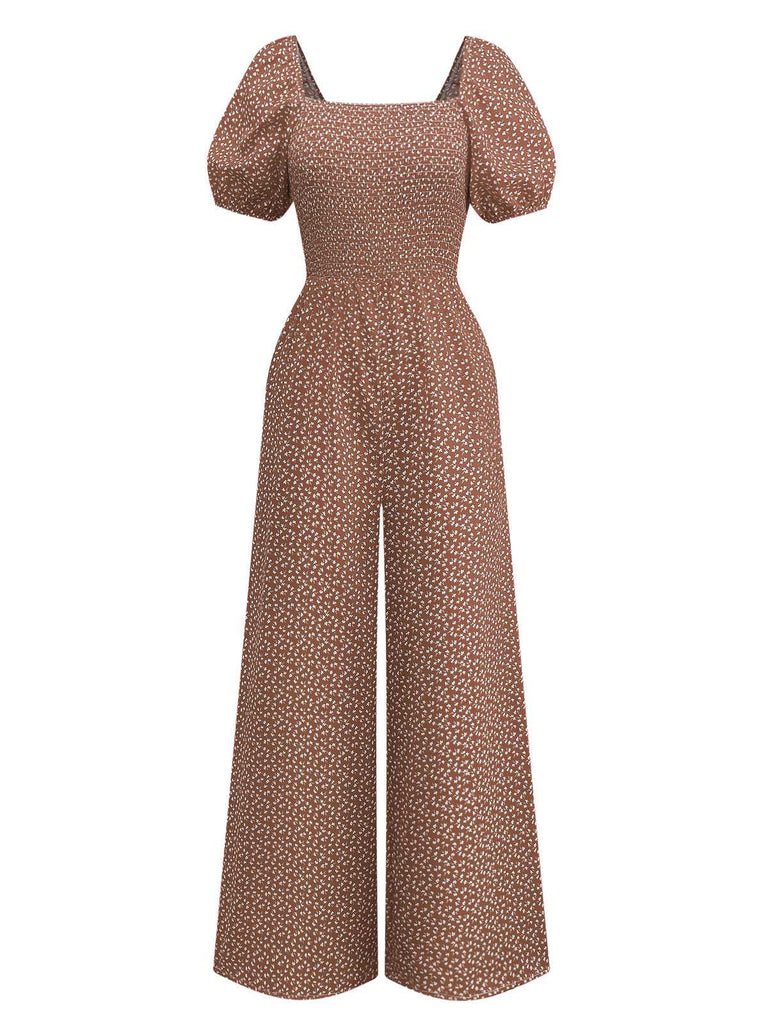 Combinaison bouffante col carré à petites fleurs des années 1950