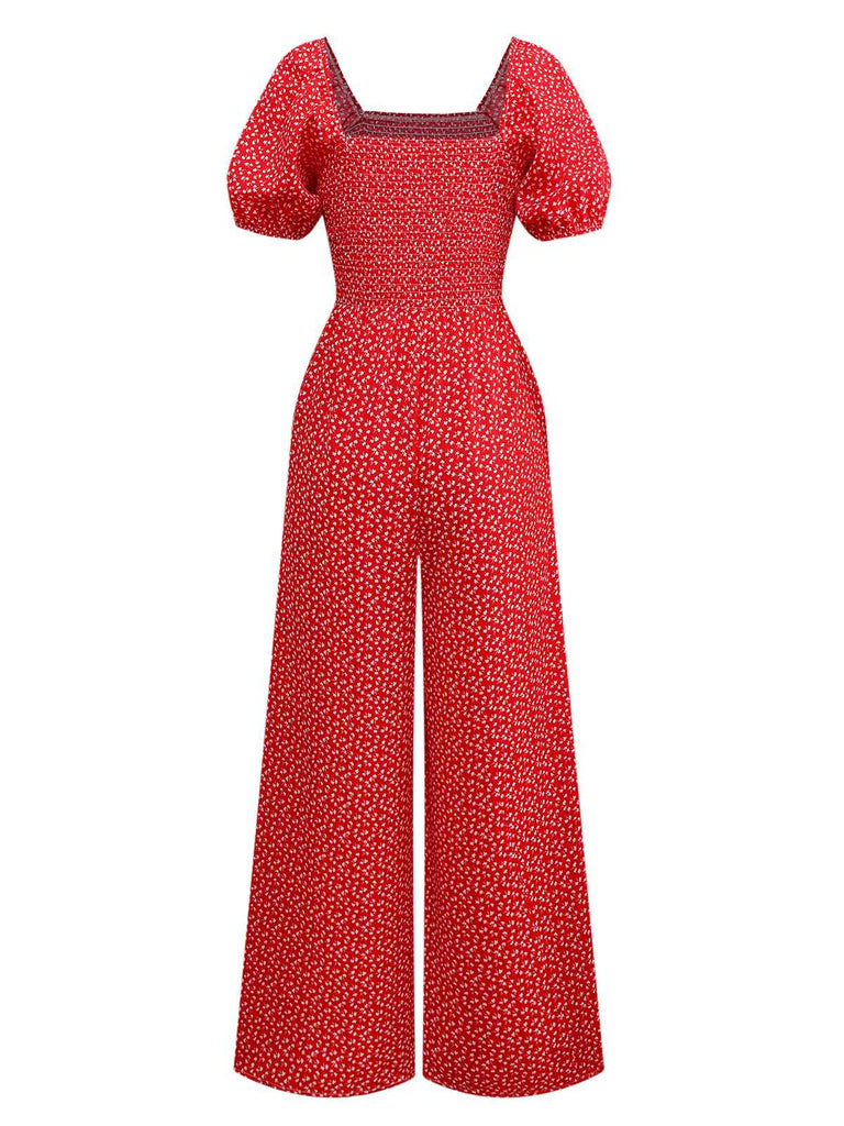 Combinaison bouffante col carré à petites fleurs des années 1950