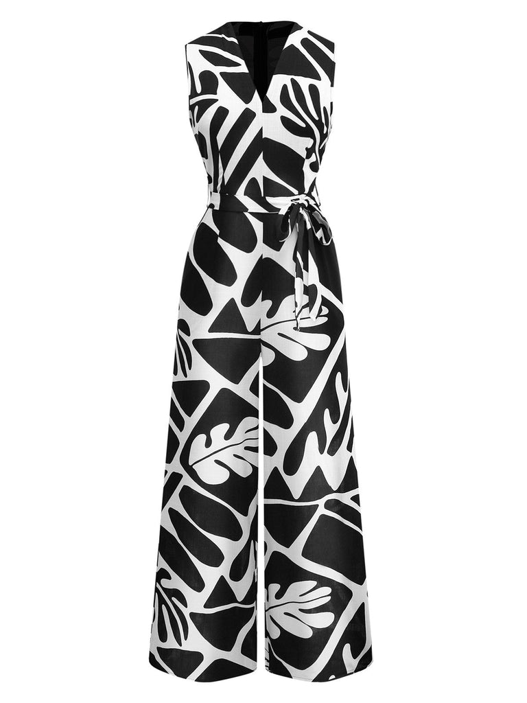 Combinaison ceinturée noire et blanche à motif de plantes des années 1950