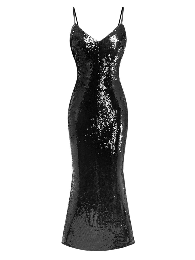 Robe noire à bretelles spaghetti et paillettes nouées dans le dos des années 1930