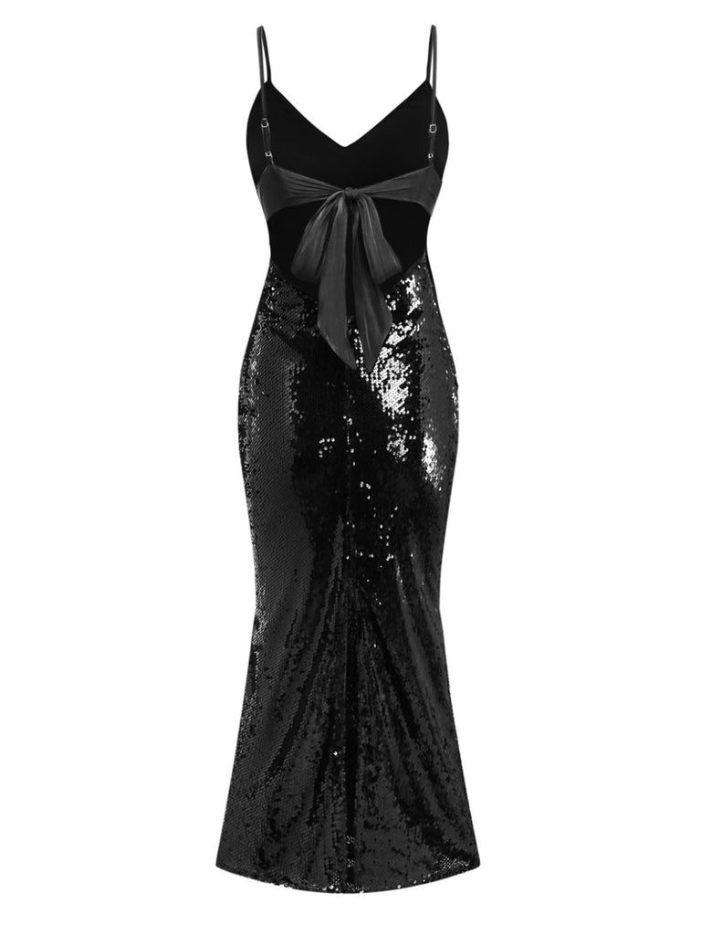 Robe noire à bretelles spaghetti et paillettes nouées dans le dos des années 1930