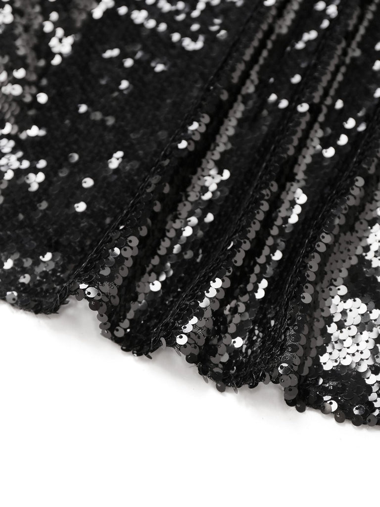 Robe noire à bretelles spaghetti et paillettes nouées dans le dos des années 1930