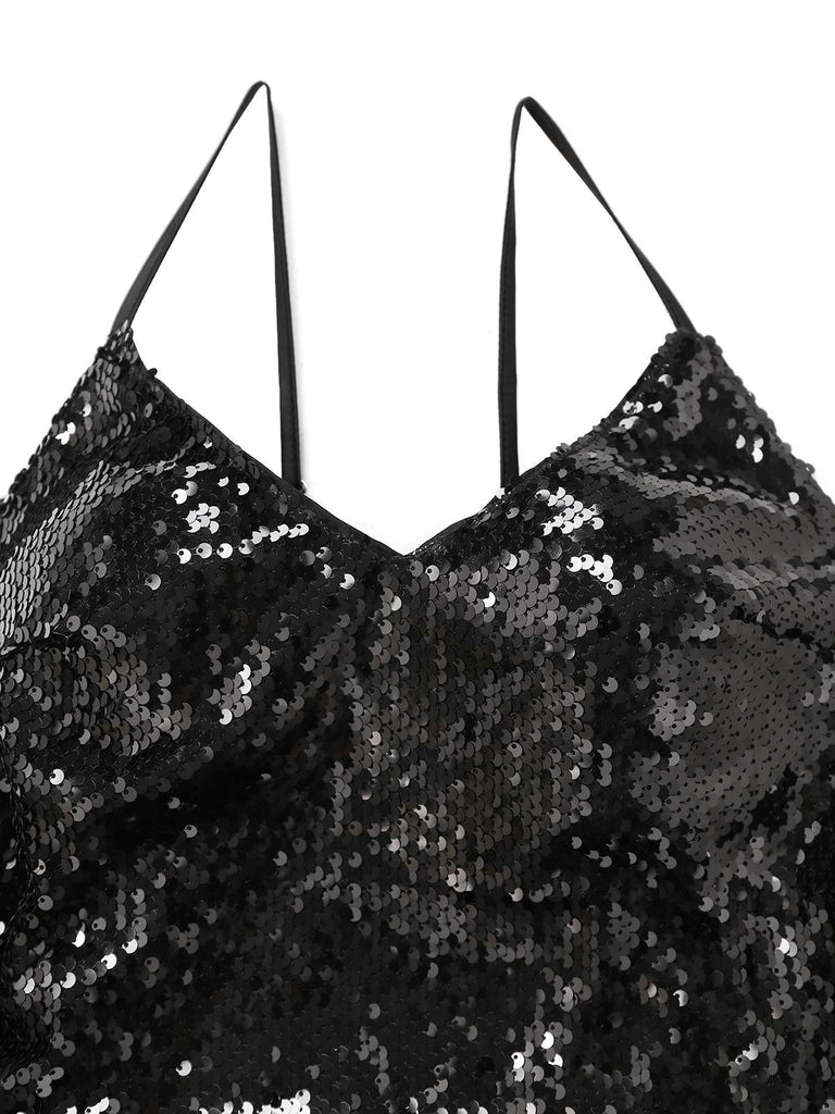 Robe noire à bretelles spaghetti et paillettes nouées dans le dos des années 1930