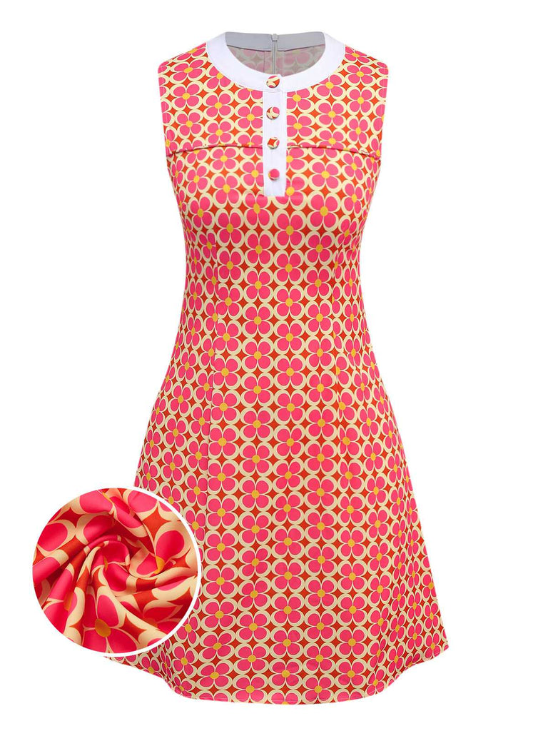 Robe orange imprimé fleurs contrastées boutonnée années 1960
